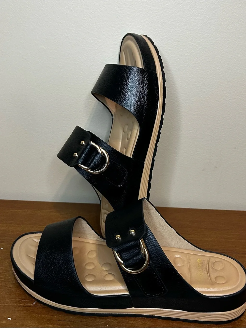 Black Slide Sandals with Gold Ring Accent